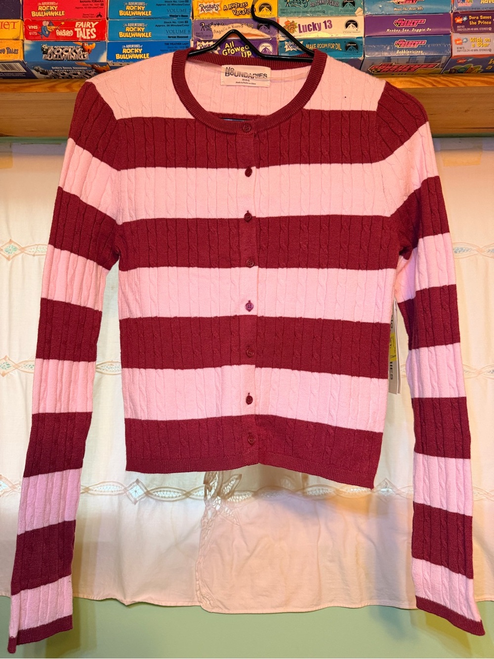 No Boundaries Pink & Burgundy Striped Cable-Knit Button Cardigan